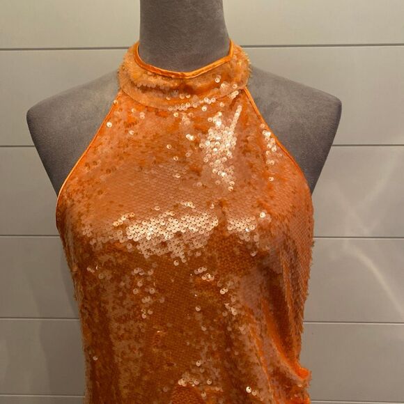 Caroline Constas Orange Halter Fully Lined Midi Sequin Dress Size Medium NWT - Picture 4 of 11